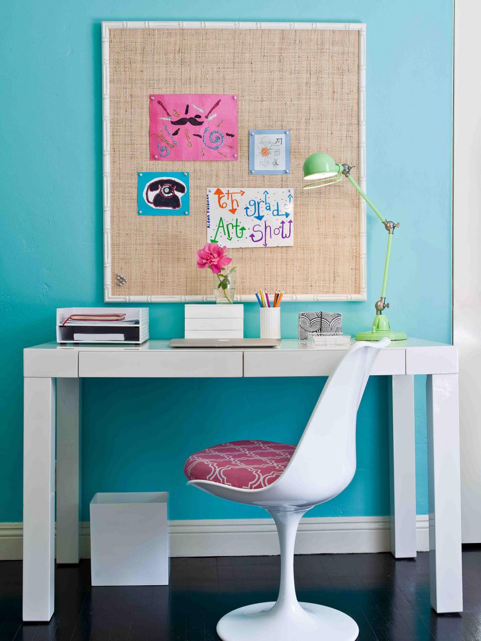 Blue Teen Study Nook With White Desk and Tulip Chair