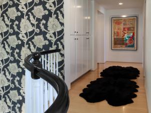 Black Faux Fur Rug in Hallway With Black Wallpaper