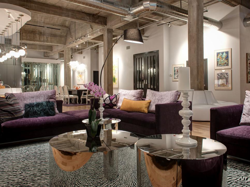 Eclectic, Open Concept Living Space With Purple Sofas