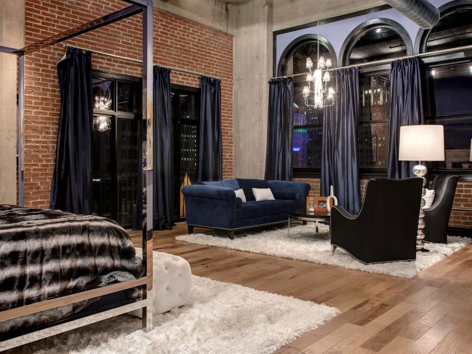 Navy Blue Contemporary Loft Bedroom and Sitting Area