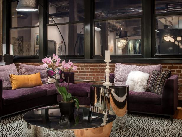 Purple Velvet Sectional and Zebra-Print Area Rug Purple Velvet Sectional and Zebra-Print Area Rug