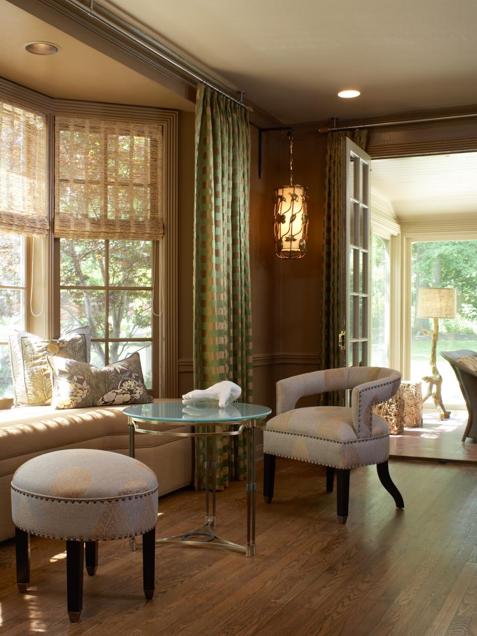 Transitional, Brown Living Room With Bay Window