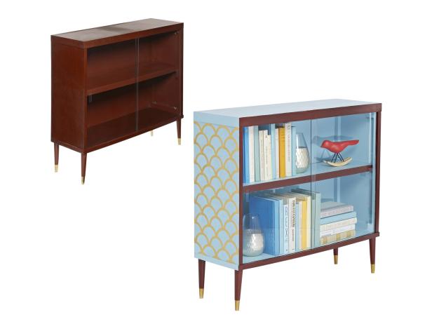 Old bookcase next to an update blue scalloped bookcase.