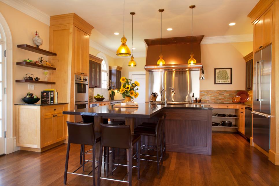 Cream-Colored Kitchen With L-Shaped Island and Open Shelves