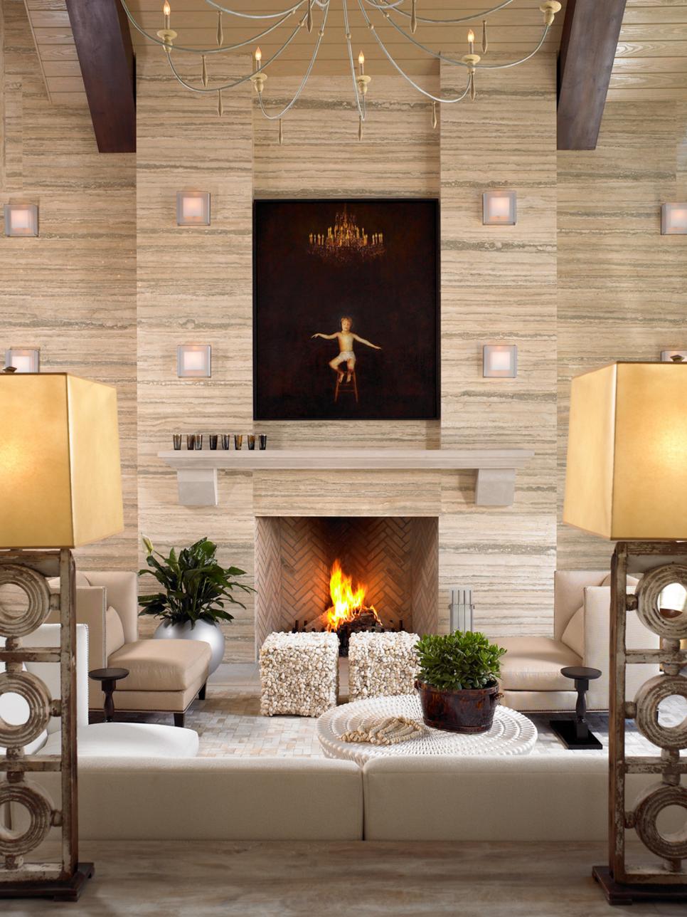 Neutral Living Room With Tile Fireplace, Chandelier and Neutral Chair