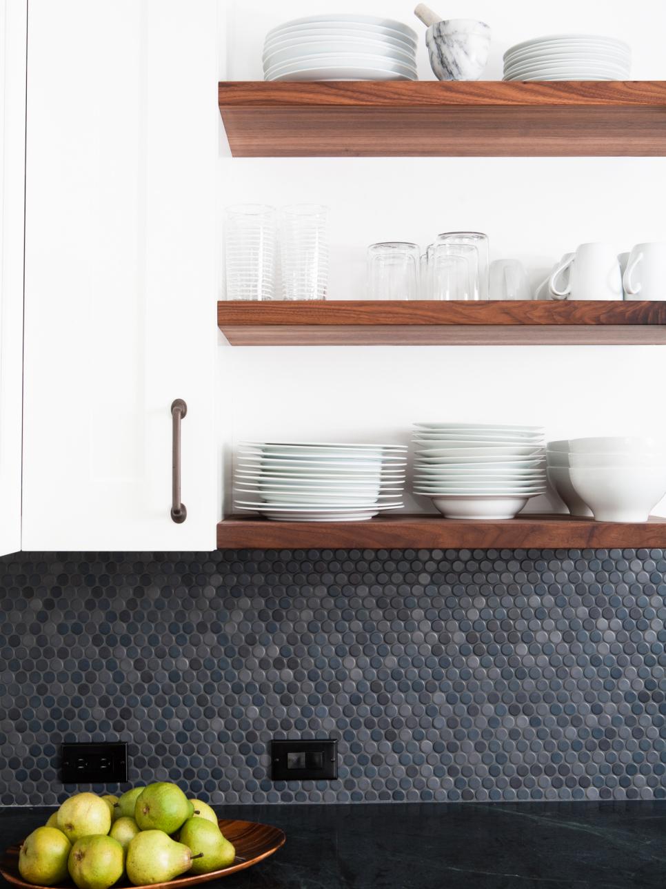 Modern Kitchen Shelf with Gray Penny Tile Backsplash