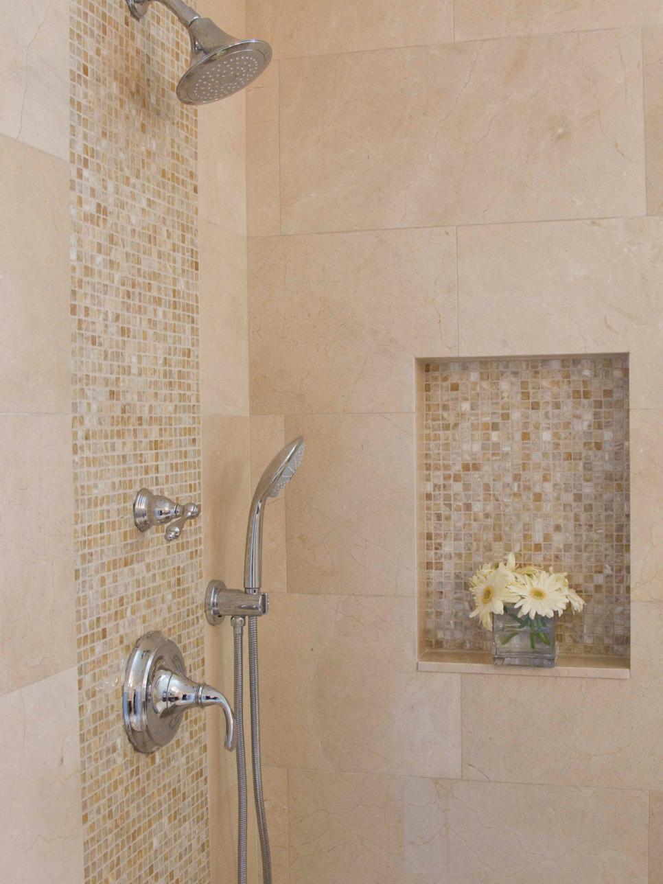 Neutral Contemporary Shower With Mosaic Tile and Chrome Hardware