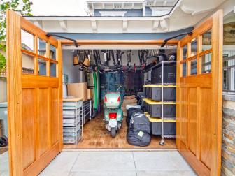 Garage With Scooter, Bikes, Surfboards and Shelves 