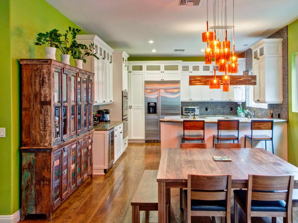 Green Eclectic Kitchen With Wood Dining Table