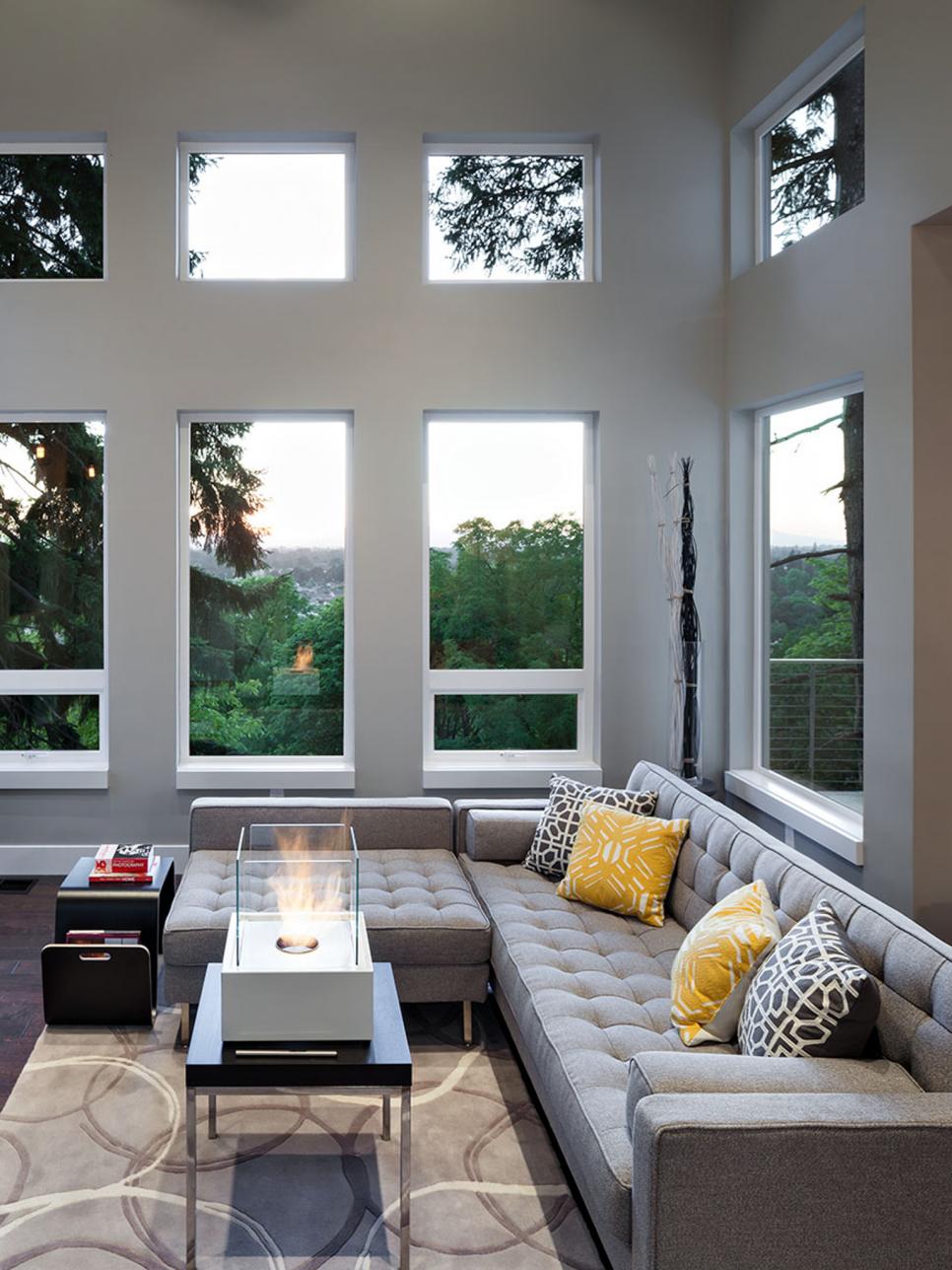 Modern Gray Living Room With Fire Pit