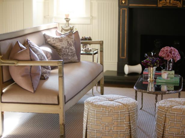 Neutral Transitional Living Room With Graphic Ottomans Neutral Transitional Living Room With Graphic Ottomans