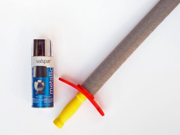 Using any foam sword, spray with silver spray paint and it has been transformed to a knight’s sword!