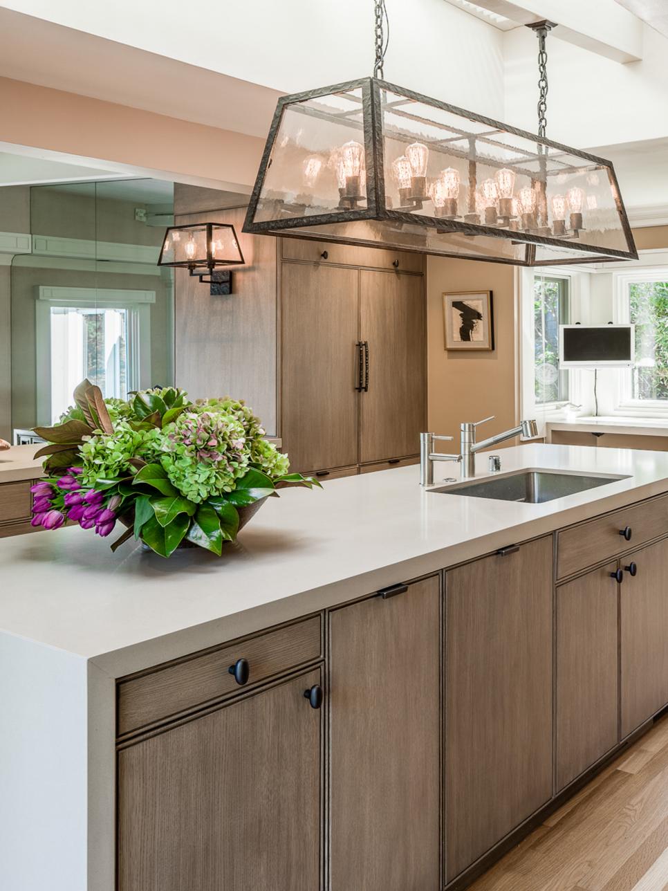Kitchen With Industrial Chandelier Kitchen Island With Waterfall Countertop