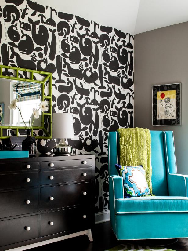 Midcentury Modern Nursery With Whale-Patterned Wallpaper Midcentury Modern Nursery With Whale-Patterned Wallpaper