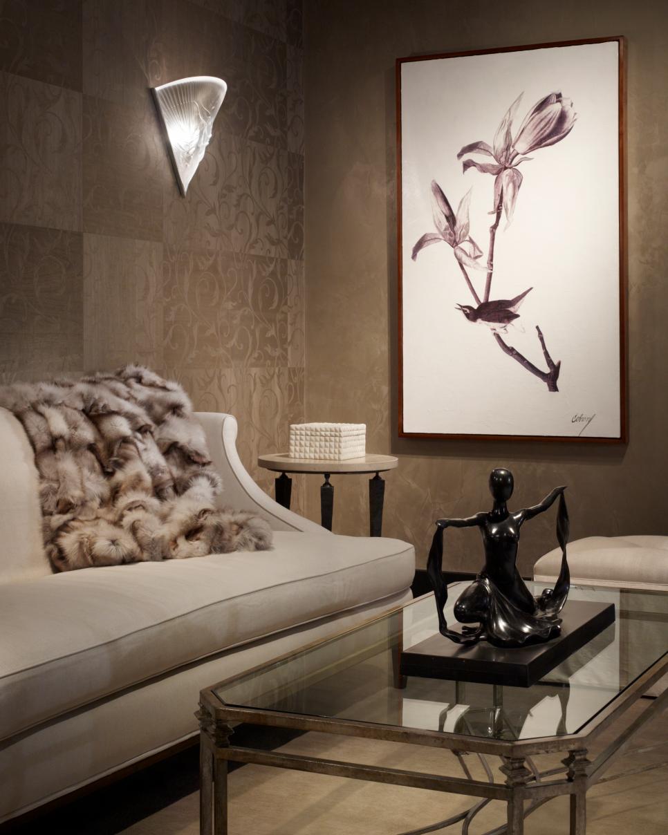 Neutral Living Room With Patterned Wallpaper and Fur Throw Beige Living Room With Sofa and Fur Throw