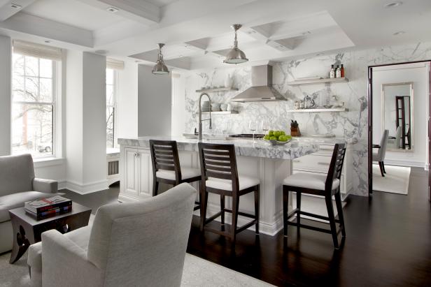 White Transitional Open Plan Kitchen With Coffered Ceiling White Transitional Open Plan Kitchen With Coffered Ceiling