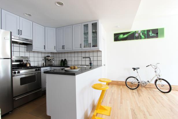 Yellow Stools Pop in Modern Black & White Kitchen Yellow Stools Pop in Modern Black & White Kitchen