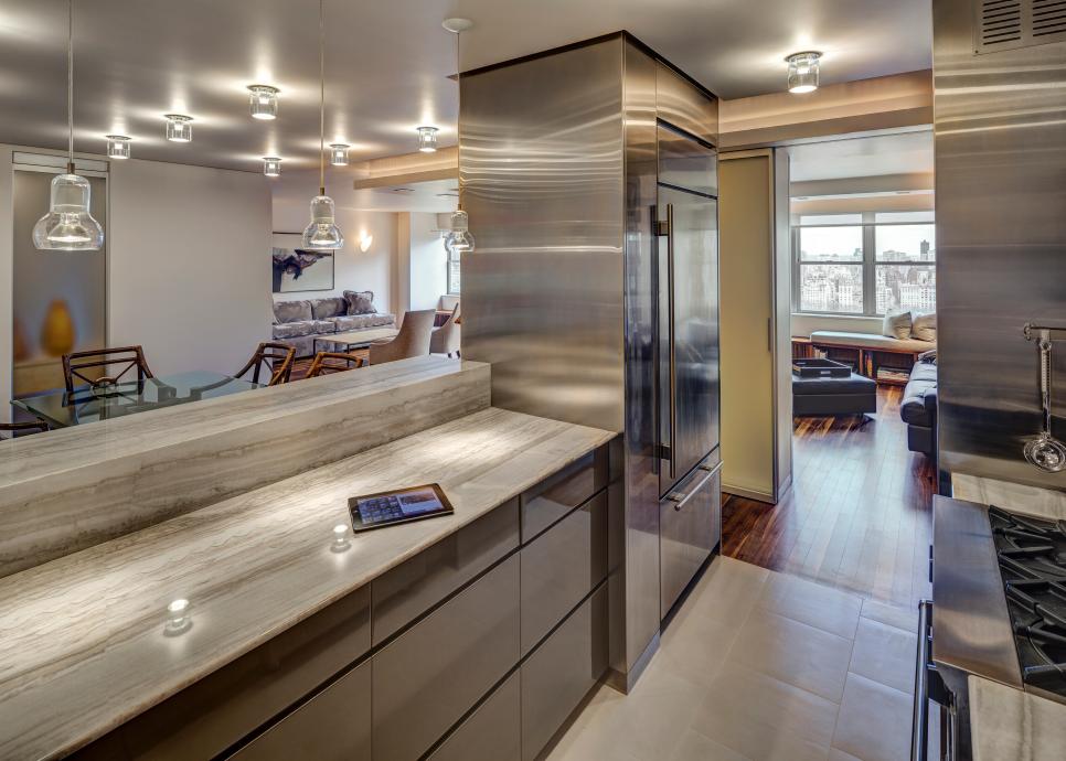 Gray Modern Open Plan Kitchen With Glass Pendant Lights Gray Modern Open Plan Kitchen