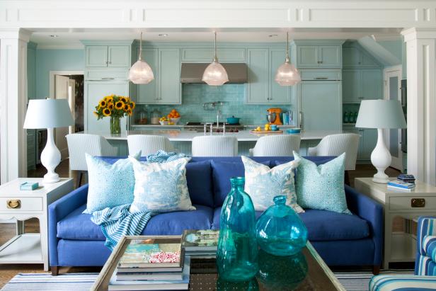 Transitional Open Plan Kitchen and Living Area With Blue Sofa Transitional Open Plan Kitchen and Living Area With Blue Sofa