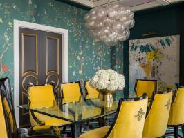 Colorful Dining Room With Bubble Chandelier