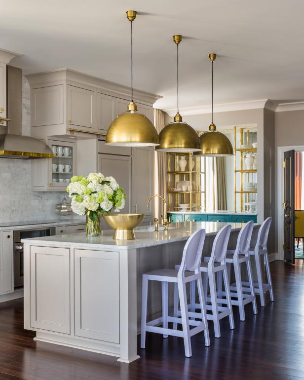 Neutral Transitional Kitchen With Lavender Barstools