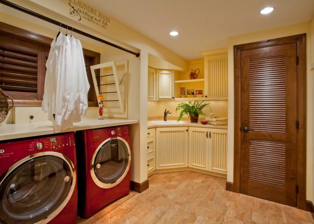 Traditional Cream Laundry Room With Cherry Red Washer and Dryer Traditional Cream Laundry Room With Cherry Red Washer and Dryer