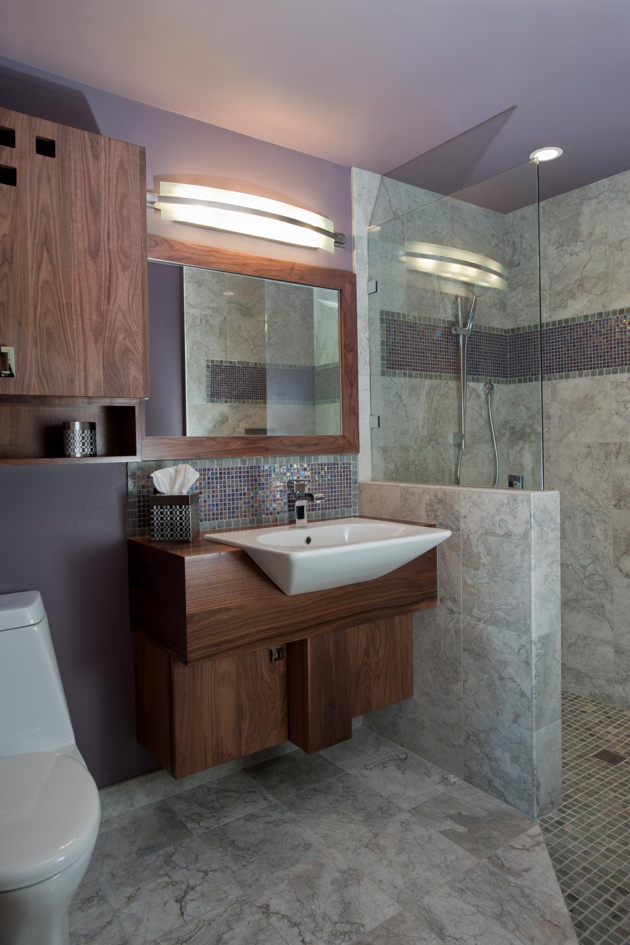 Simple Gray And Purple Bathroom for Large Space