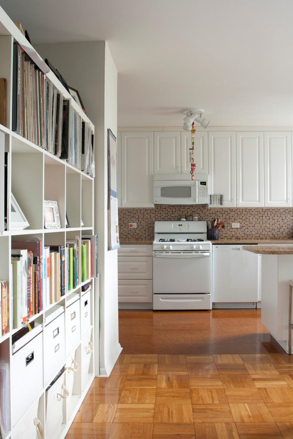 Midcentury Apartment With Storage Shelf White Apartment With Built-in Storage Shelf