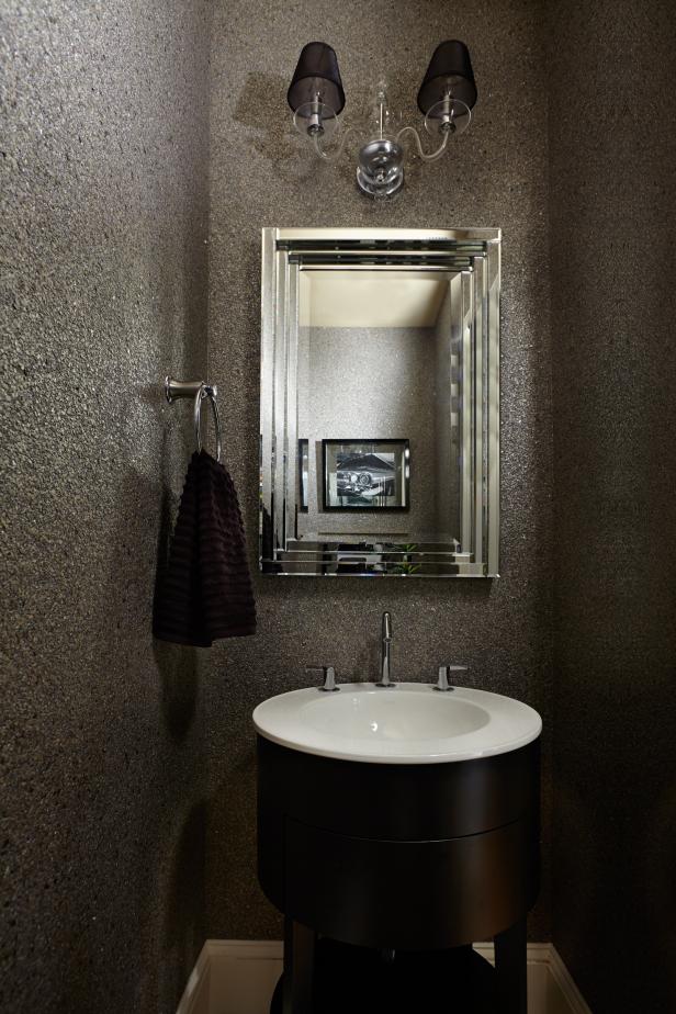 Sparkling Contemporary Bathroom With Glittering Walls, Circular Vanity and Black Shaded Sconce Sparkling Contemporary Bathroom With Glittering Walls, Circular Vanity and Black Shaded Sconce
