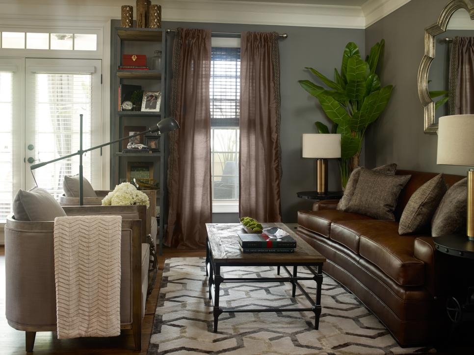 Transitional Living Room With Neutral Tones, Brown Leather Sofa and Sheer Curtains Transitional Neutral Living Room