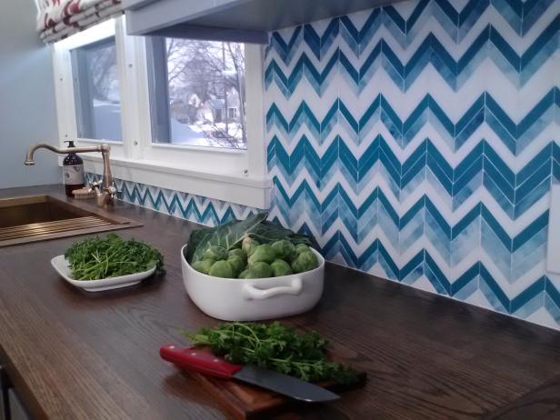 Blue and White Tile Chevron Kitchen Backsplash