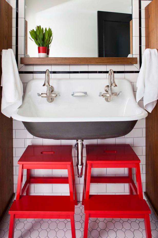 Kids' Bathroom With Bold Red Accessories Kids' Bathroom With Bold Red Accessories