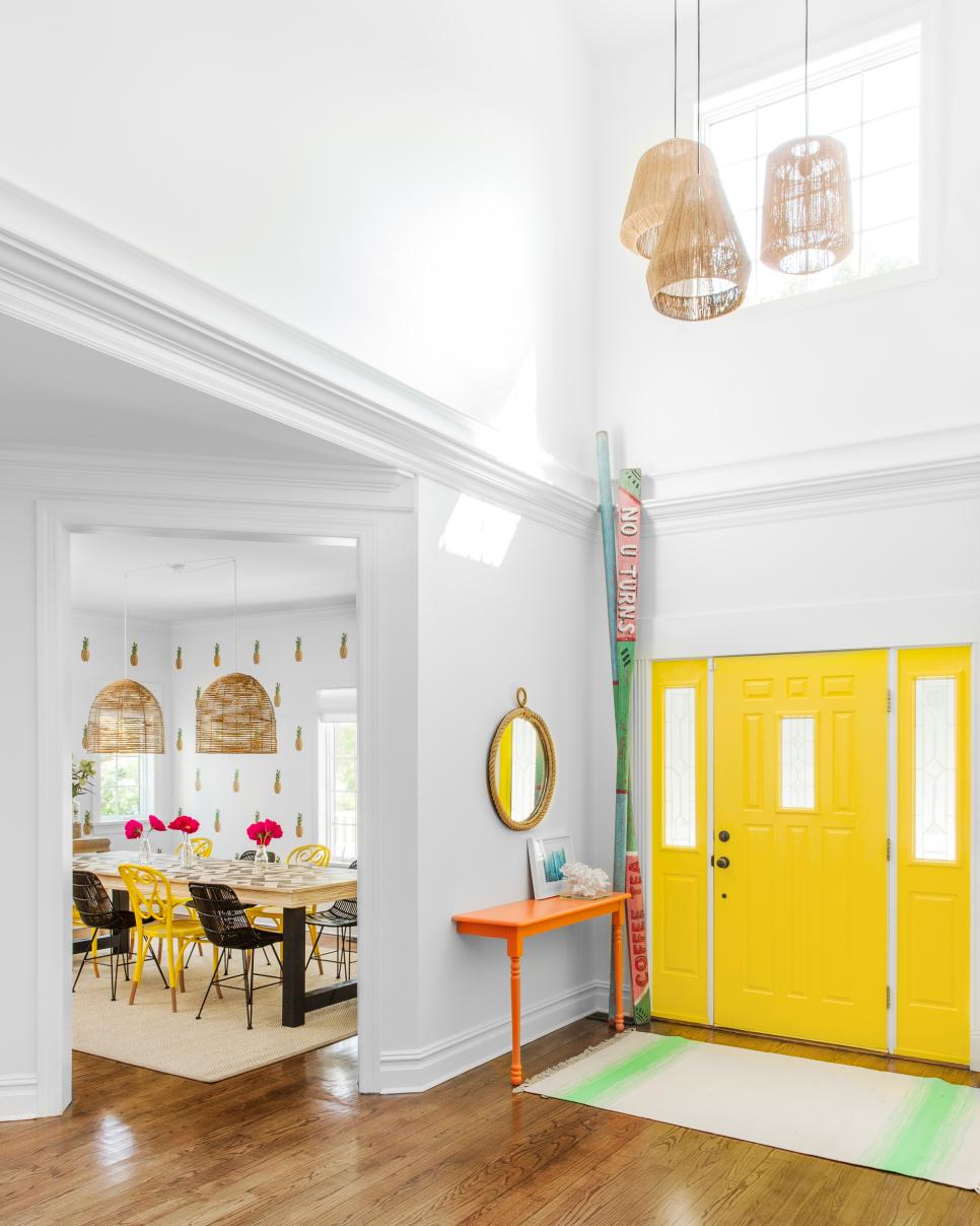 Yellow Front Door Sets Playful Tone in Beach House Bright Yellow Front Door