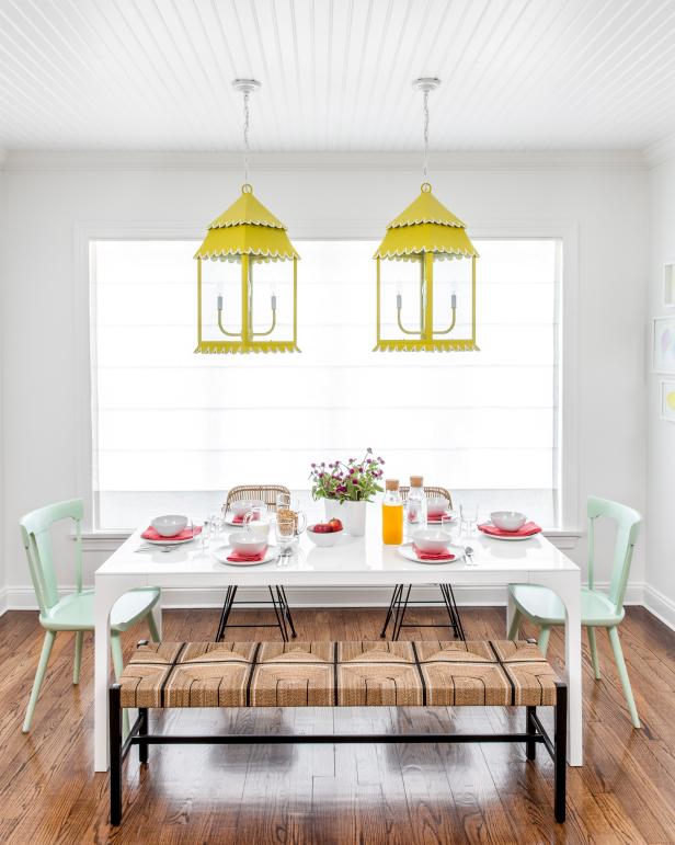 Yellow, Mint Green, Watermelon Pink Accents Create Summery Color Scheme in Casual Breakfast Nook Yellow, Mint Green, Watermelon Pink Accents Create Summery Color Scheme in Casual Breakfast Nook