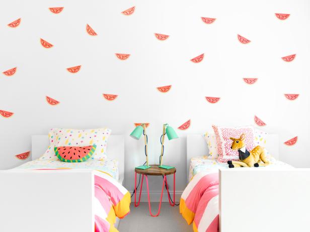 Girl's Bedroom Featuring Watermelon Wall Print and Subtle Neon Accents Girl's Bedroom Featuring Watermelon Wall Print and Subtle Neon Accents