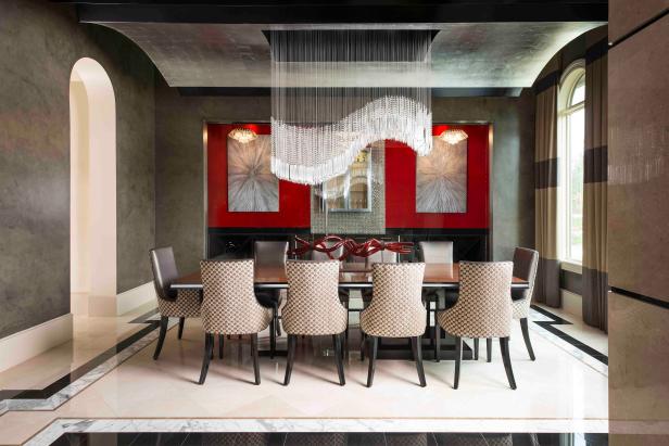 Contemporary Dining Room With Dramatic Chandelier and Red Accent Wall Contemporary Dining Room With Dramatic Chandelier and Red Accent Wall