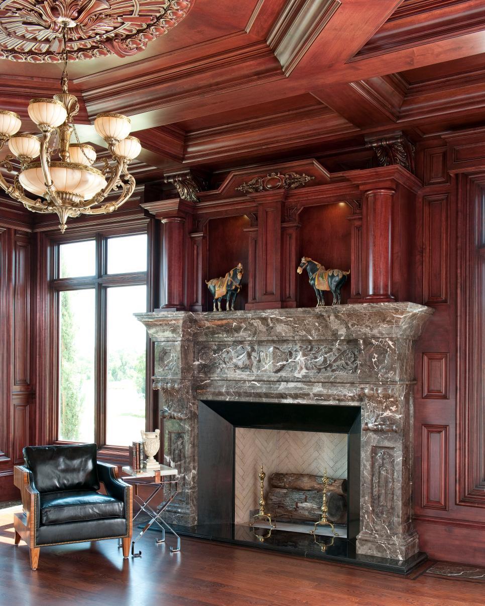 Traditional Living Space with Paneled Walls, Marble Fireplace Brown Traditional Living Space