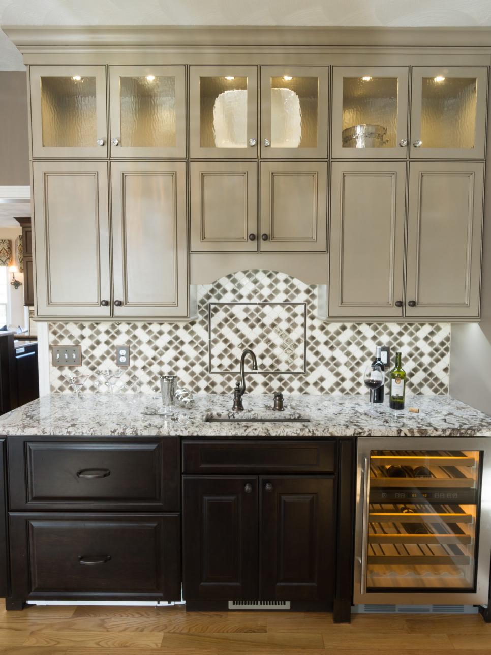 Chic Wet Bar With Glass Cabinets and Tile Backsplash Wet Bar