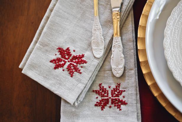 Cross-Stitched Poinsettia Napkins Cross-Stitched Poinsettia Napkins