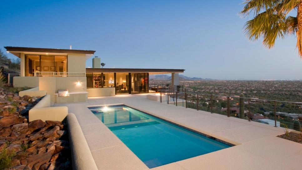 Outdoor Pool and Living Area of Modern Hillside Home Outdoor Pool and Living Area of Modern Hillside Home