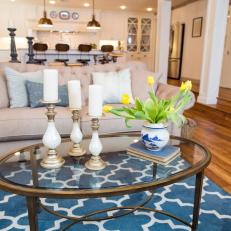 Blue Rug and Vintage Details Make Living Space Classic and Unique