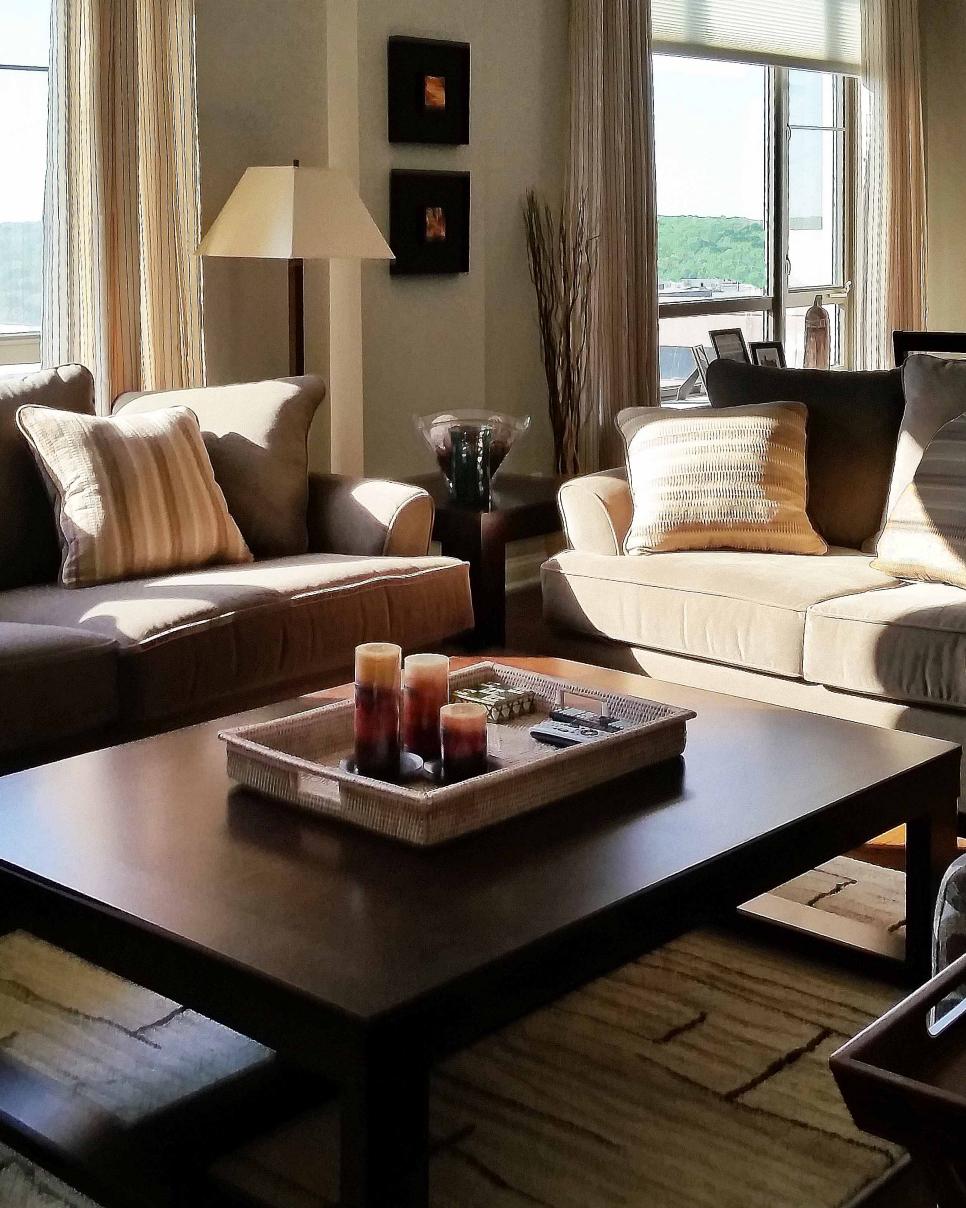 Neutral Transitional Living Room Sitting Area With Candles Neutral Transitional Living Room Sitting Area With Entertainment Tray