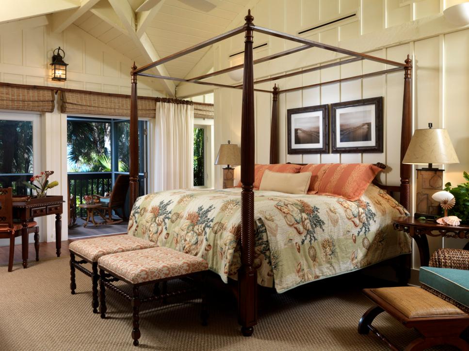 Tropical Master Bedroom is Open, Airy White Tropical Master Bedroom With Four-Poster Bed