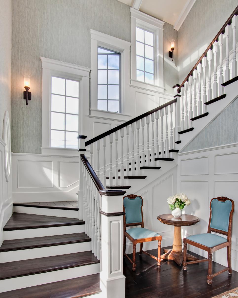 Traditional Staircase with Casement Windows Blue Traditional Stairway