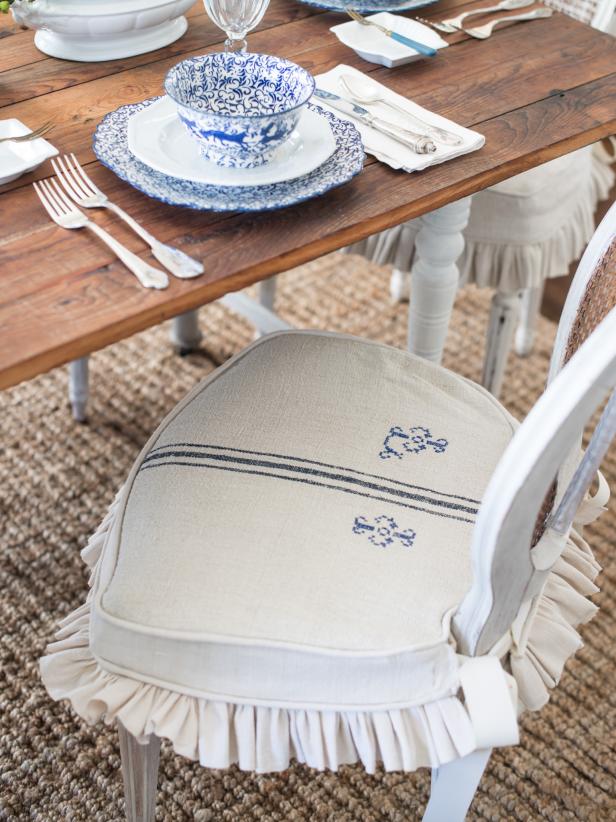Dining chairs are the perfect candidates for slipcovers, since they have simple shapes and are most likely to be the victim of food spills!  Washable slipcovers with flirty skirts and ties add function and some feminine style to any eating space.