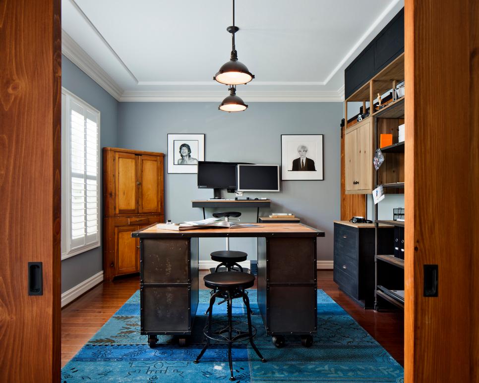 Powder Blue Contemporary Home Office With Industrial Desk, Vibrant Turquoise and Blue Rug and Organized Storage Space Contemporary Blue Home Office