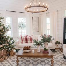 Christmas Tree and Industrial Style Chandelier in Living Room