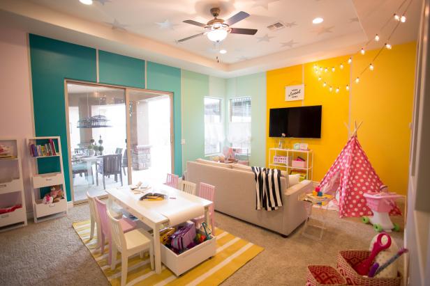Colorful, Transitional Playroom with Fun Paint Treatment Colorful Blue and Yellow Playroom