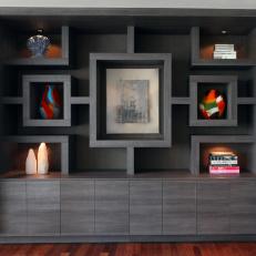 Modern Gray Built-In Bookcase With Custom Shelving