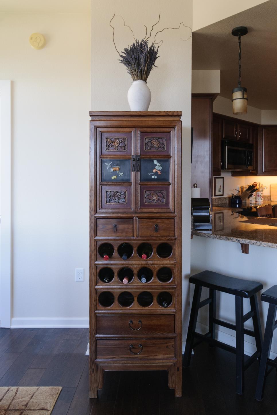 Oriental China Cabinet With Wine Storage Asian Wood China Cabinet in Neutral Living Space